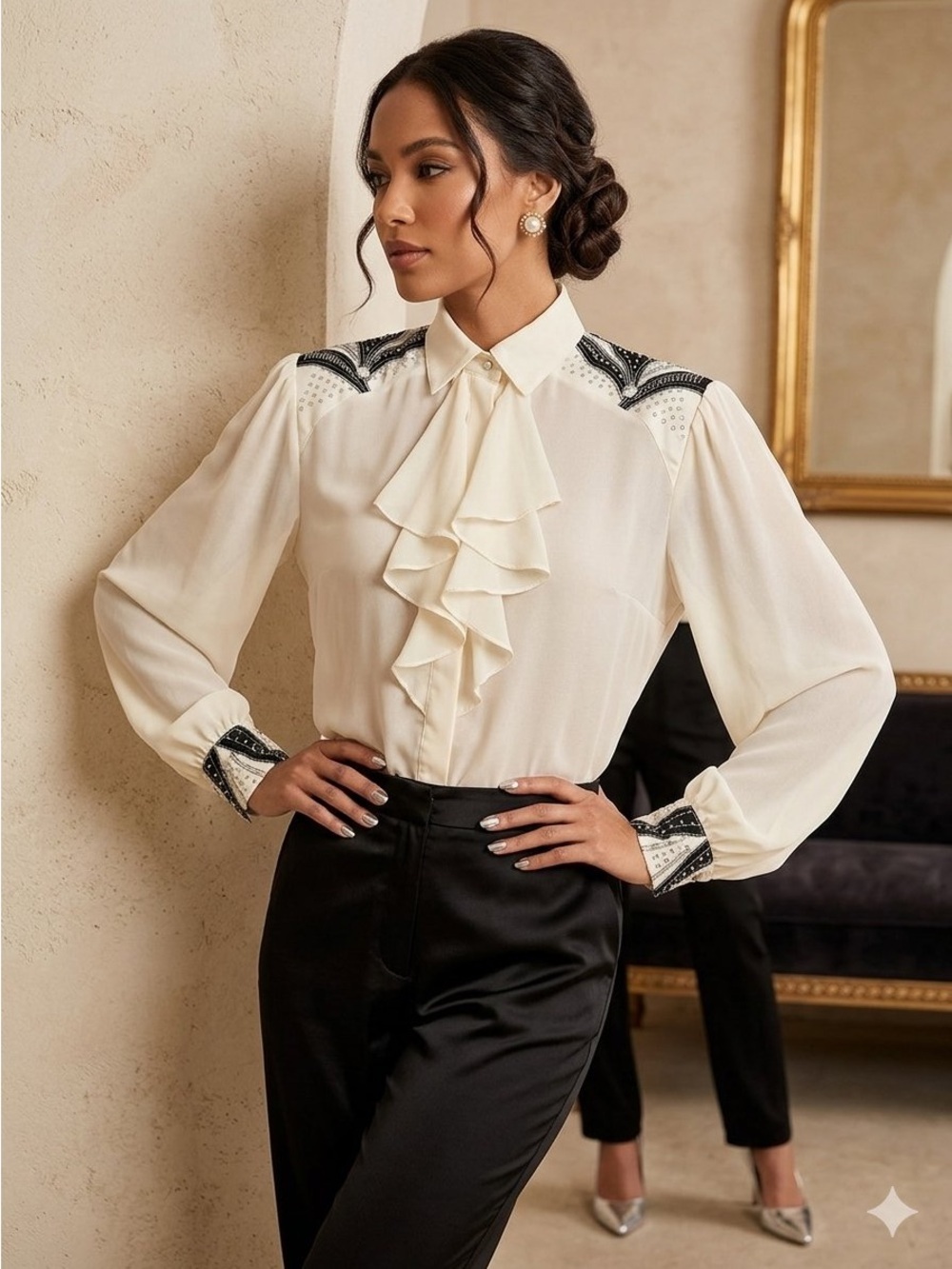 Ruffled Front Long Sleeve Blouse with Dress Collar and beading detail